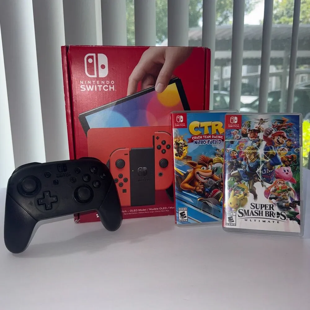 Nintendo Switch OLED Mario Red Edition + Pro Controller & Video Game Bundle
